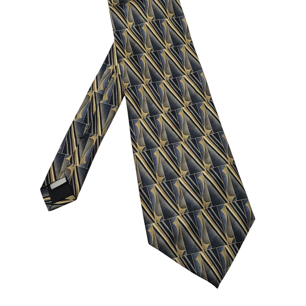 Pierre Cardin Mens Silk Tie Blue Grey Gold Geometric Art Deco Pattern 57.5 Inch